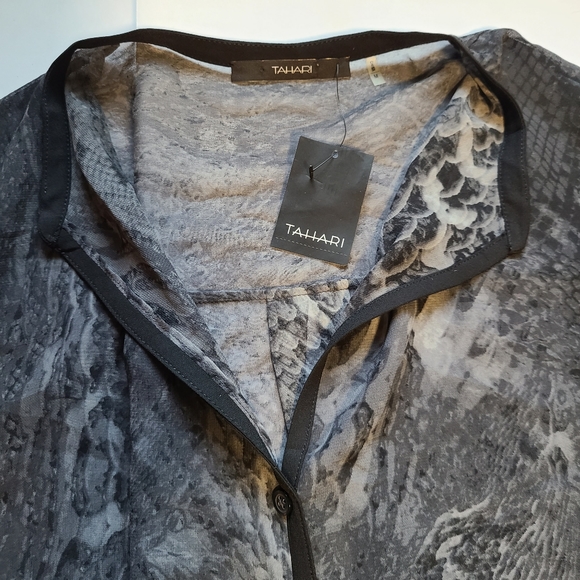 Tahari Long Sheer Blouse Snakeskin Black Gray Print Button Down Top - Picture 3 of 12